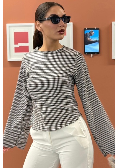Madmext Siyah Kare Desenli Belden Oturtmalı Bluz Mg2849