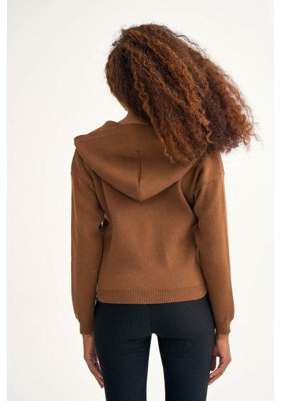 Sateen Kapüşonlu Triko Kazak - Kahve-130109 Kahve