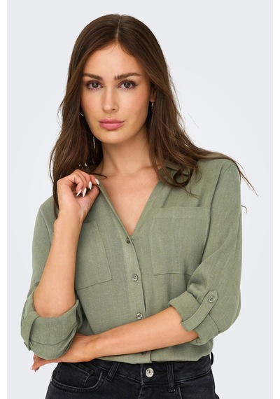 Only Onlyasmin Keten Karışımlı Regular Fit Klasik Yaka Gömlek Bayan Gömlek 15349102 Haki