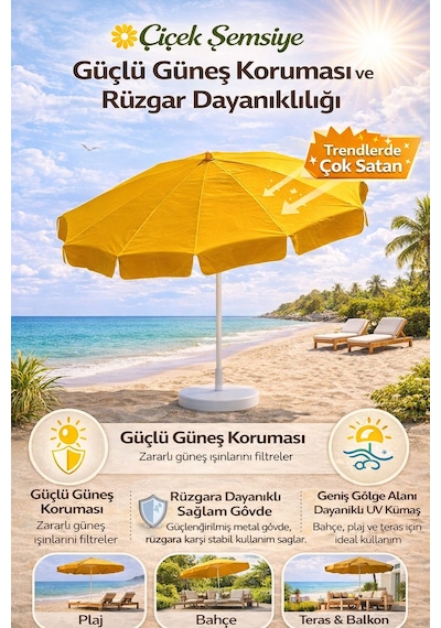 Eğilebilir Plaj Bahçe Balkon Şemsiyesi Branda Kumaş 2 Metre 10 Telli Dayanıklı Sarı