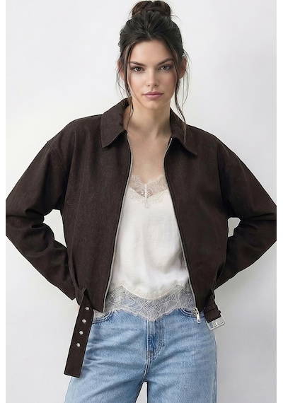 Shade Kadın Oversize Kemer Detaylı Fermuarlı Astarlı Denim Bomber Ceket 2917 60286040 - Kahverengi