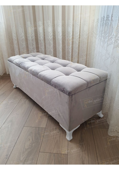 Çizgi Kapitoneli Sandıklı Puf 110 Cm Beyaz Ayak Gri