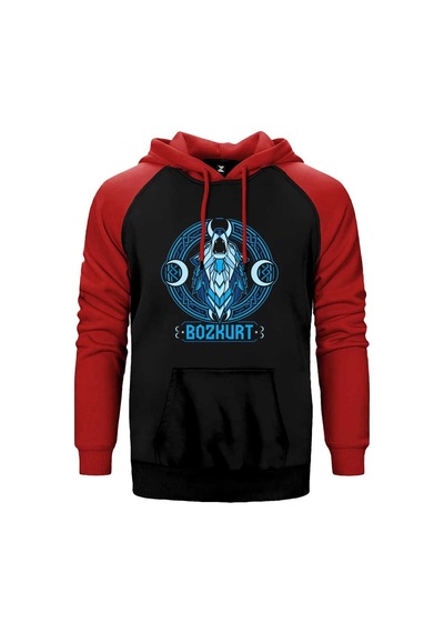 Neon Mavi Hilal Detaylı Bozkurt Baskılı Gri Renk Reglan Kol Sweatshirt / Hoodie