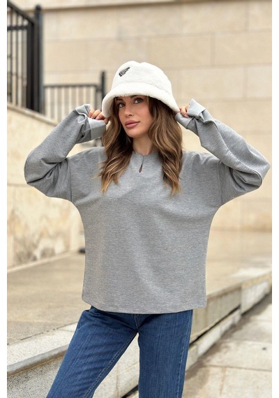 WeShaya Kadın Gri Uzun Kol, Duble Manşet, Yırtmaçlı Yaka, Salaş Sweatshirt Bluz Gri
