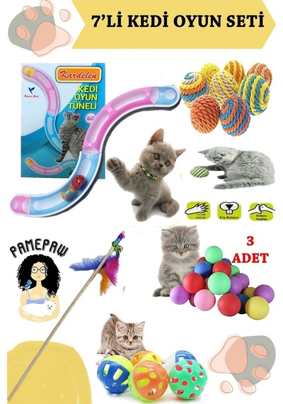 7'li Set : Kedi Oyun Tüneli, Sarma Top , Olta , 3'lü Mini Top , Çıngıraklı Top