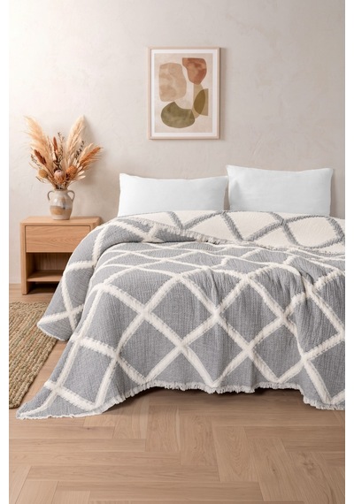 Varol Liora 7 Katlı Müslin Yatak Örtüsü Çift Kişilik Geometrik Desenli 230x250 Cm Gri