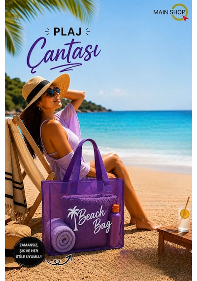 Mainshop Mor Şeffaf Beach Bag Kadın Plaj Çantası Büyük Hacimli M-plj01