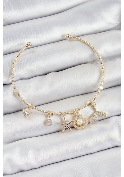 Pirinç Zirkon Taşlı İstiridye Ve Deniz Yıldızı Model Gold Renk Charm Bileklik Çok Renkli
