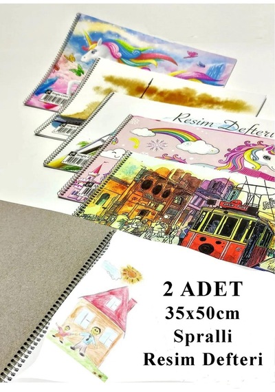 Resim Defteri 15 Yaprak 35x50 Cm 2 Adet Spiralli Büyük Boy Resim Defteri Karton Kapak 110 Gr Öğrenci Okul