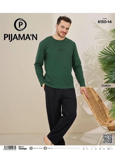 Pijamoni Erkek Pamuklu Bisiklet Yaka Uzun Kol İnce Pijama Takımı 6150/14 - 1 Adet Yeşil