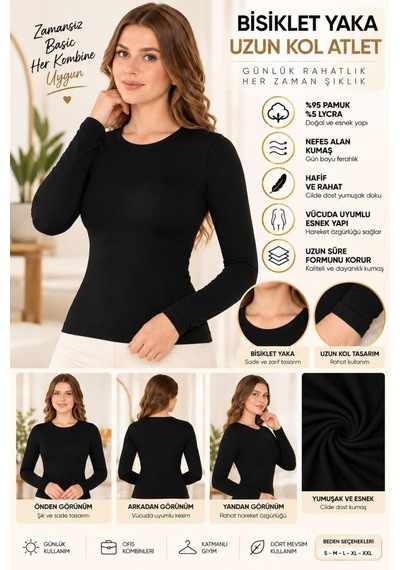 Kadın Bisiklet Yaka Uzun Kol Atlet Siyah, Esnek Kumaş, Vücuda Oturan Basic Body - Ryl - 2613 Xl