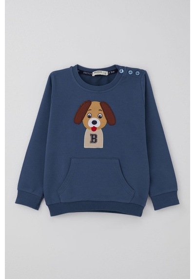 Breeze Erkek Bebek Eşofman Takımı Sevimli Köpekçik Nakışlı Kanguru Cepli 9 Ay-3 Yaş, İndigo İndigo