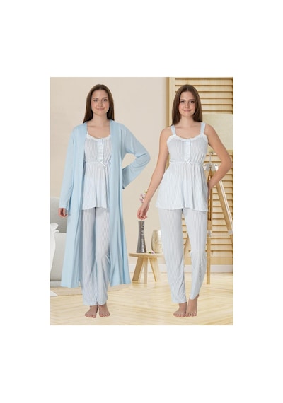 Effortt Dvina Lohusa Hamile Sabahlıklı Çizgili Desenli Ve Askılı Pijama Takımı - 3'lü Set - Mavi Mavi