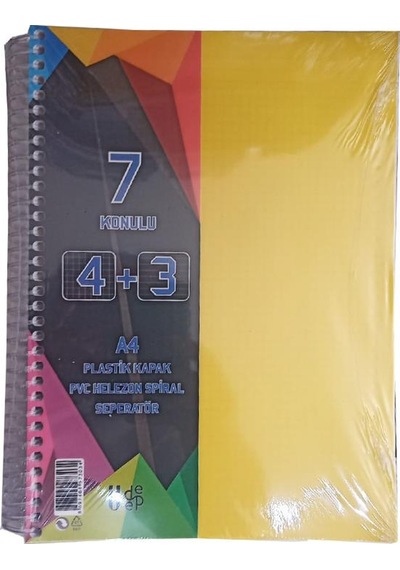 4+3 Ayraçlı Defter 7 Konulu 175 Yaprak 1 Adet 4 Kareli 3 Çizgili Spralli Plastik Kapak Seperatörlü Sarı