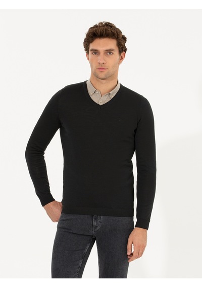 Cacharel Siyah Slim Fit V Yaka Basic Triko Kazak