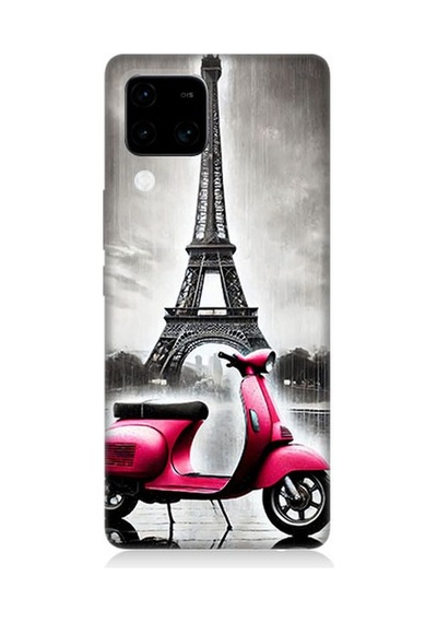 Vivo V30 Uyumlu Pembe Scooter Eyfel Önü Desenli Silikon Kılıf Çok Renkli