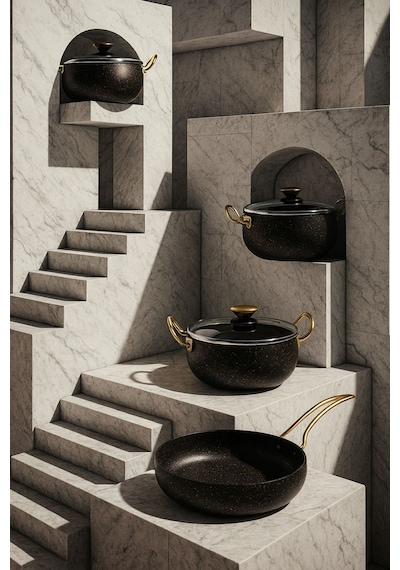 7 Parça Granada Granit Tencere Ve Tava Seti 20 Cm 2.5l, 24 Cm 4.5l, 26 Cm Basık 3l, 26 Cm Tava Gri