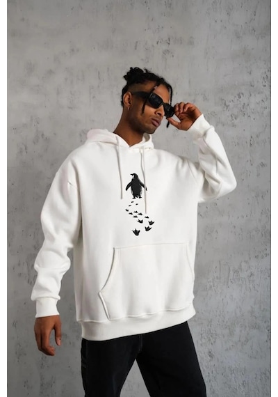 Erkek Nihilist Penguen Temalı Oversize Kapüşonlu Sweatshirt - Beyaz Beyaz