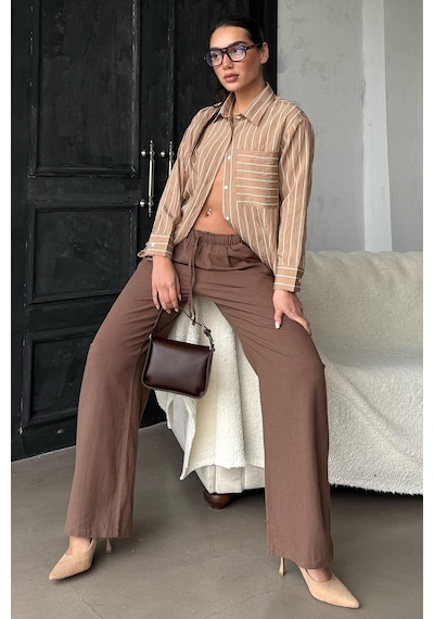 Madmext Camel Çizgili Cepli Kadın Gömlek Mg2345 Camel