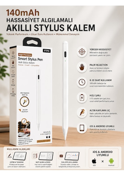 140mah İpad Tablet Akıllı Stylus Kalem Apple iOS Android Uyumlu Altın Kaplanmış Bakır Uç Hassas