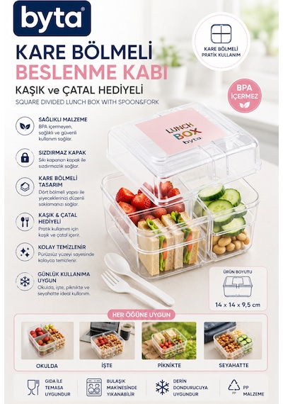 Kaşıklı Çatallı Kare Beslenme Kabı 4 Bölmeli Lunch Box, Bpa İçermez Şeffaf