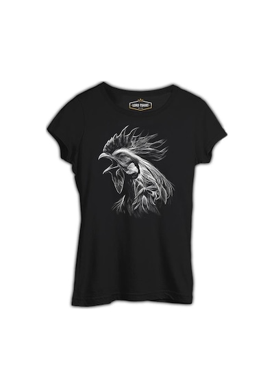Rooster Realistic Siyah Kadın Tshirt 001