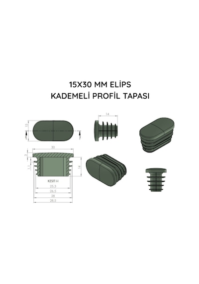 Cateksss 15x30 Mm Elips Kademeli Profil Tapası Siyah - 36 Lı Paket