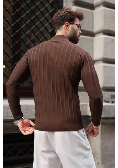 Madmext Kahverengi Slim Fit Hakim Yaka Fermuarlı Erkek Triko Kazak E7518