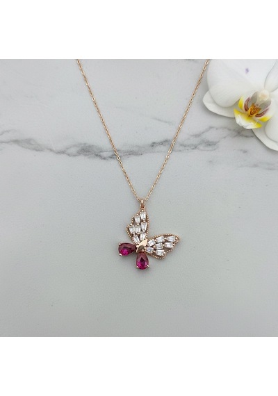 925 Ayar Gümüş Fuşya Damla Ve Baget Taşlı Kelebek Kolye Rose Gold