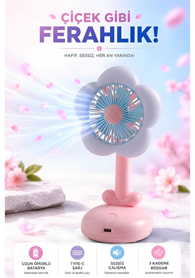 Işıklı Çiçek Tasarımlı Mini Fan Mavi 3 Kademeli Masaüstü Vantilatör Pembe