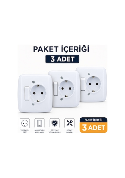 Sıva Altı Anahtar Priz 3 Adet