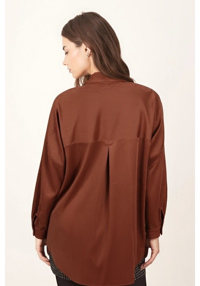 Armonika Kadın Taba Cepli Oversize İnce Fitilli Kadife Gömlek Arm-24k001076