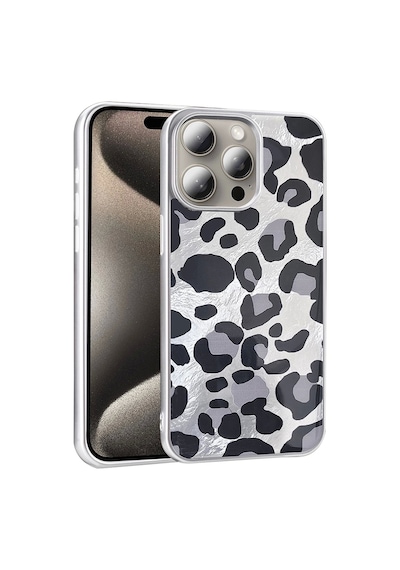 Apple Uyumlu iPhone 15 Pro Kılıf Desenli Zore Mep Kapak Gri Leopar