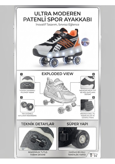Enoch Çocuk Patenli Işıklı Tekerlekli Spor Ayakkabı & Rahat Cırt Cırtlı Kaykay Ayakkabı 4 Tekerli Sneaker Siyah - Turuncu Enoch Çocuk Patenli Işıklı Tekerlekli Spor Ayakkabı & Rahat Cırt Cırtlı Kaykay Ayakkabı 4 Tekerli Sneaker Siyah - Turuncu