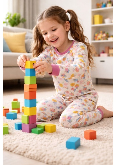 Kız Çocuk Flower Desenli 8 - 13 Yaş Pijama Takımı Krem