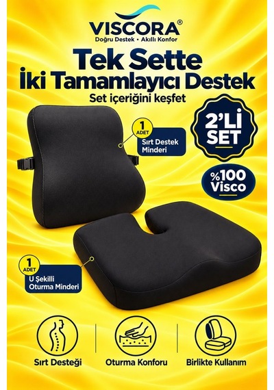 Araba Ve Ofis Koltuğu Sırt Ve Kuyruk Sokumu Minderi 2 Li Set Ergonomik Visco, Kaymaz Taban Siyah
