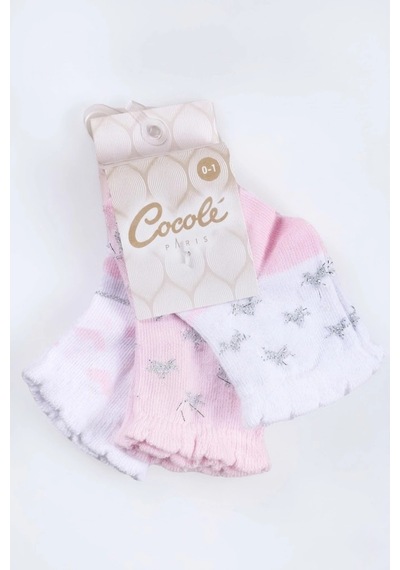 Cocole Socks Kız Çocuk Soket Çorabı 3 Lü Set Pamuklu Fırfırlı Bilek & Simli Yıldız Desenli Çok Renkli