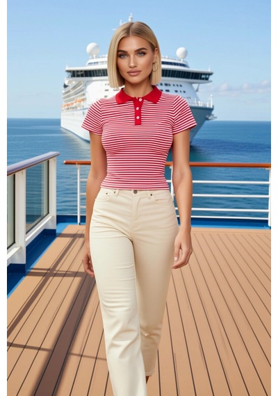 Benerly Kadın Bluz Polo Yaka Kısa Kol Fitted Kalıp Çizgili Desen Crop Boy Kırmızı