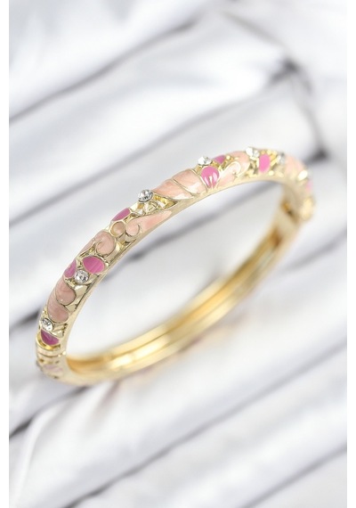 Mineli Pirinç Zirkon Taşlı Pembe Çiçek Motifli Gold Kadın Kelepçe Diğer