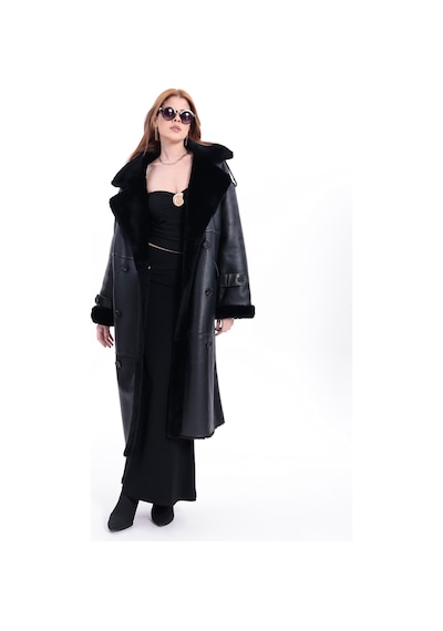 M M Marki Marki Kadın Hakiki Deri Uzun Palto Siyah Oversize Kruvaze Düğmeli İçi Kürklü 115 Cm M M Marki Marki Kadın Hakiki Deri Uzun Palto Siyah Oversize Kruvaze Düğmeli İçi Kürklü 115 Cm