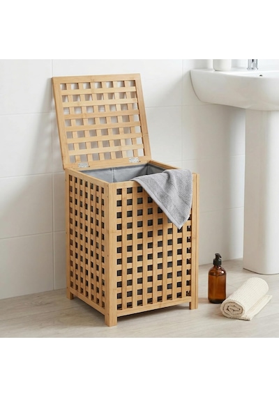 Deconox Kare Bambu Çamaşır Sepeti 40x40x56 Cm - İçi Bezli, Kapaklı Doğal Ahşap Kirli Sepeti Diğer