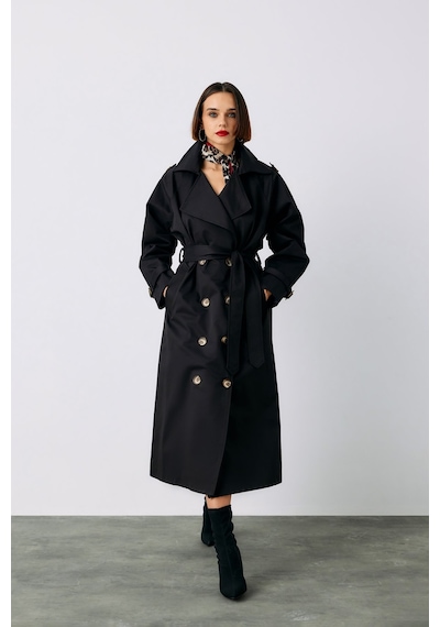 Sateen Kuşaklı Uzun Trenç - Siyah-135230 Siyah