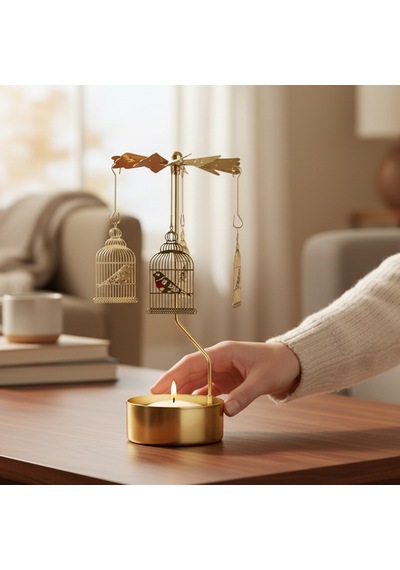 Altın Renkli Döner Kuş Kafesi Sarkaçlı Isı İle Dönen Dekoratif Mumluk Gold