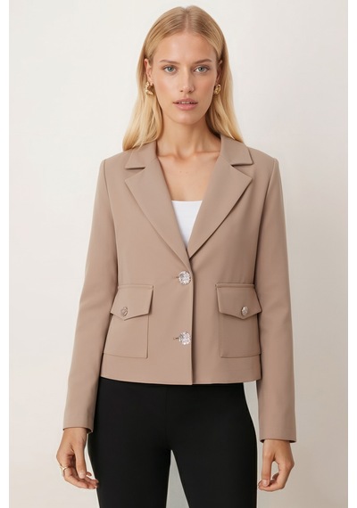 Armonika Kadın Vizon Erkek Yaka Kare Cepli Astarlı Crop Ceket Arm-26k001026