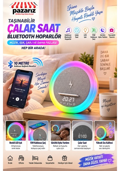 Taşınabilir Çalar Saat Bluetooth Hoparlör 15w Kablosuz Şarj Led Işık, Beyaz Gürültü Uyku Yardımı, Müzik Çalar, Dijital Alarm Saat, Rgb Gece Lambası Taşınabilir Çalar Saat Bluetooth Hoparlör 15w Kablosuz Şarj Led Işık, Beyaz Gürültü Uyku Yardımı, Müzik Çalar, Dijital Alarm Saat, Rgb Gece Lambası