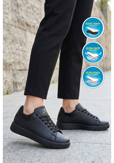 Walkway Siyah Bağcıklı Hafif Unisex Cilt Spor Ayakkabı Costa G