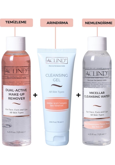 Aclind Cleansing Gel 75 ML + Dual-Active Make-Up Remover 125 ML + Micellar Cleansing Water 125 ML