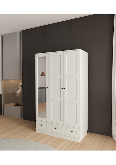 Toprak 3 Kapaklı Çekmeceli Bazalı Gardırop - Tamamı Mdf Beyaz