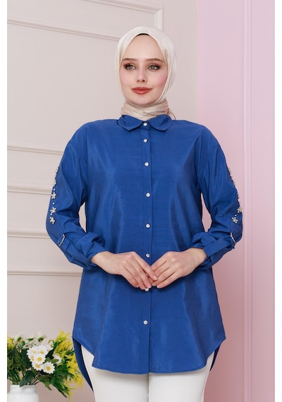 Sevitli Kolu Çakım Detaylı Tunik-mavi-4730 Mavi