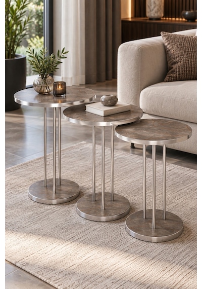 Sulorahome Mor Ve Gümüş Metal Ayaklı 3'lü Zigon Sehpa Takımı